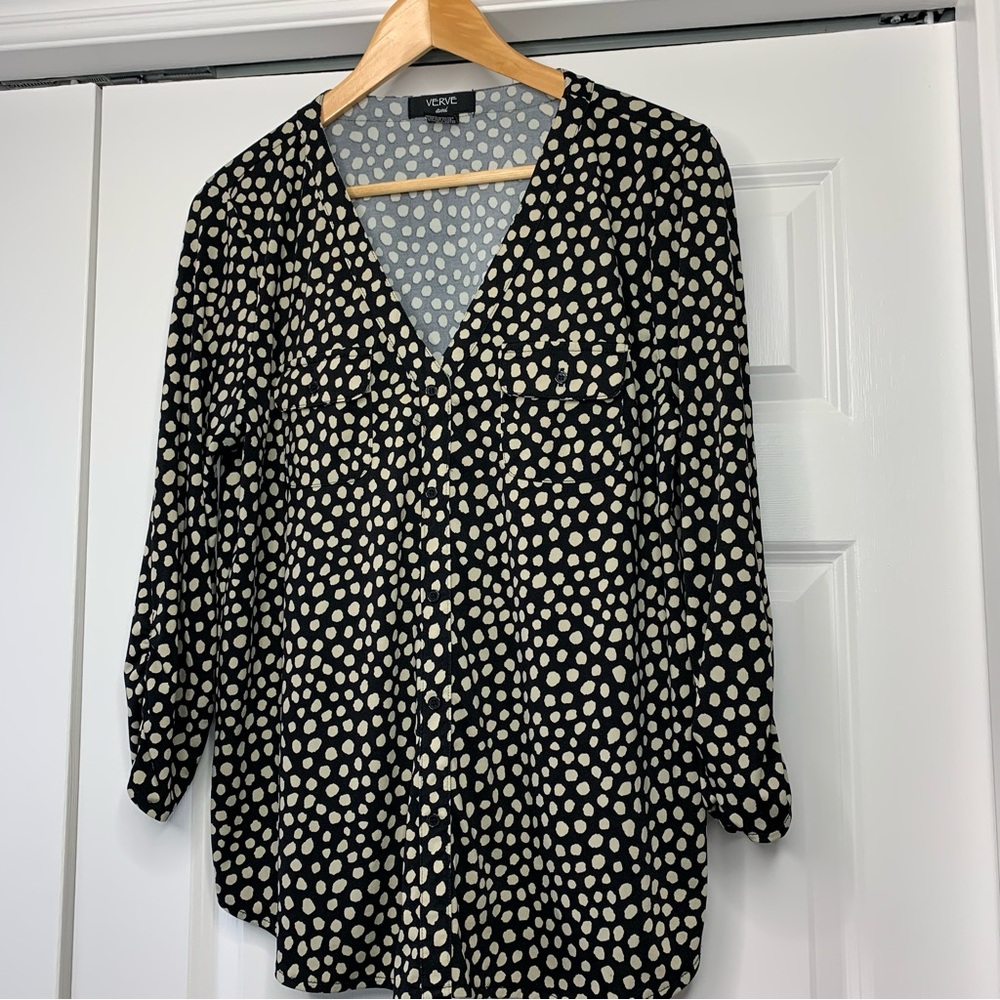Verve Ami Women’s Black and Beige Polka Dot Long Sleeve Blouse Size US L